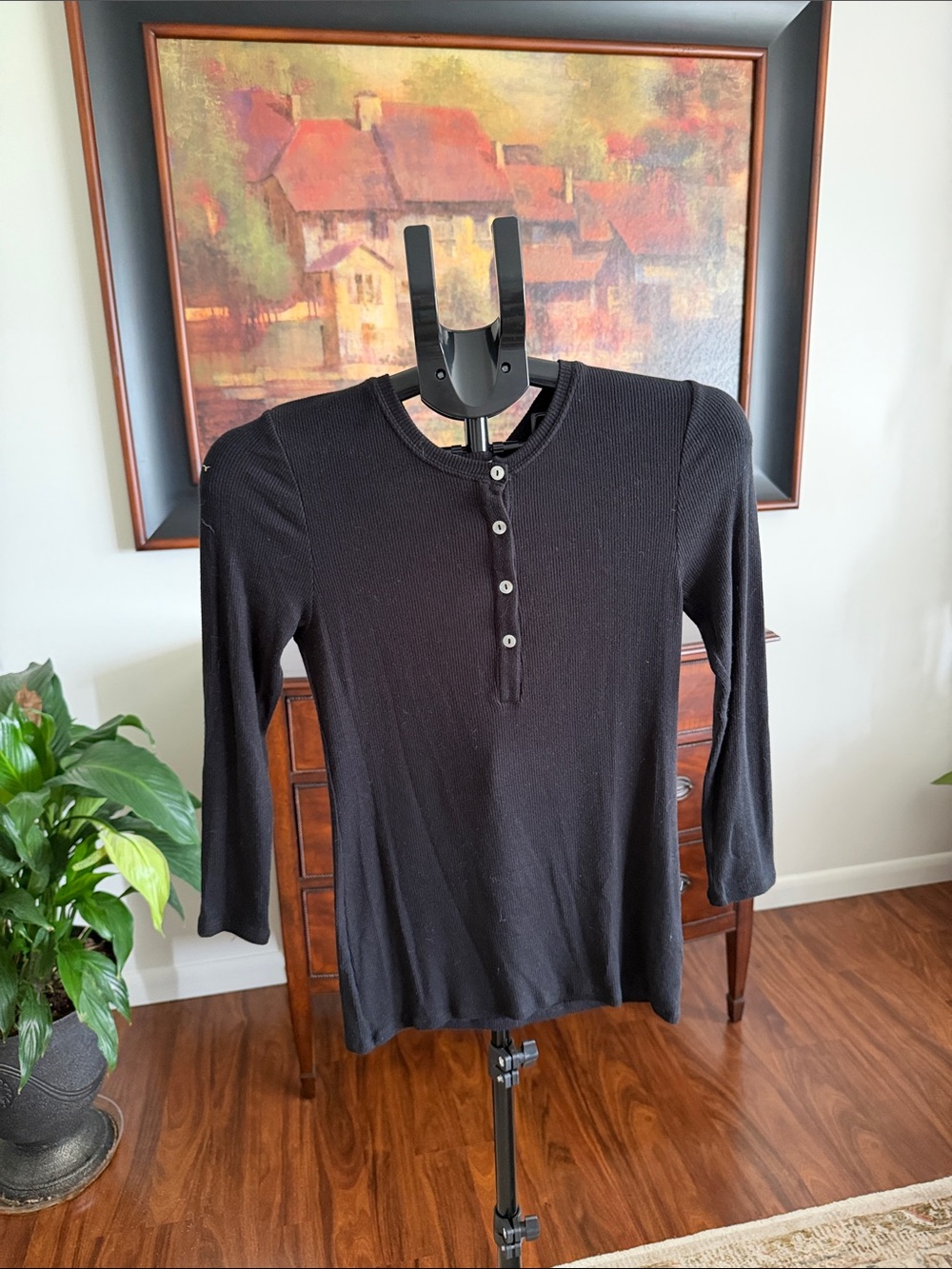 Goldie Black Ribbed Henley Long Sleeve Top
